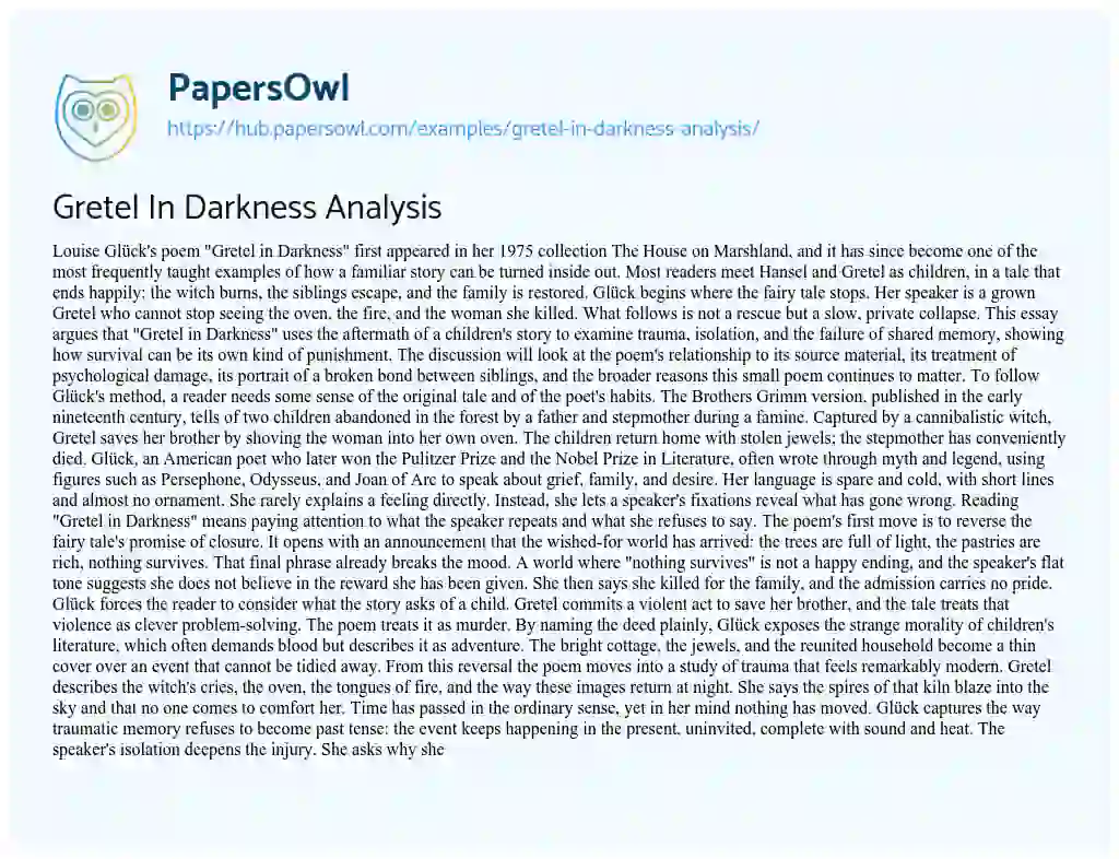 Essay on Gretel In Darkness Analysis