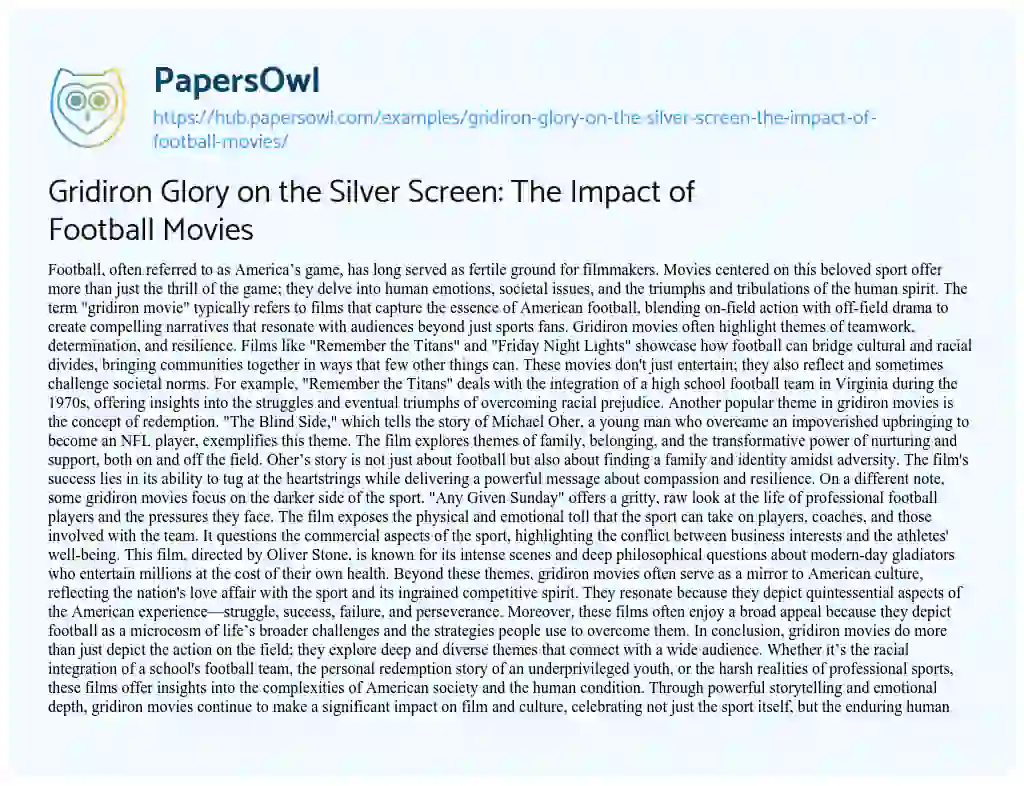 Essay on Gridiron Glory on the Silver Screen: The Impact of Football Movies