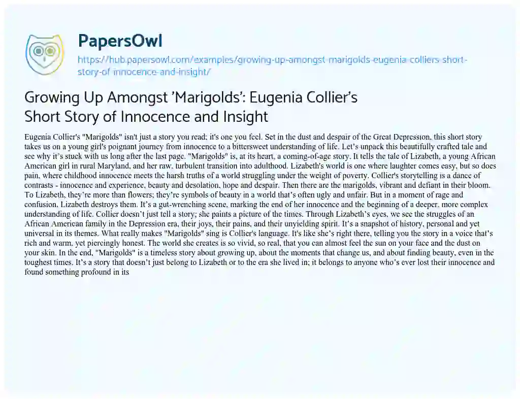 Essay on Growing Up Amongst ‘Marigolds’: Eugenia Collier’s Short Story of Innocence and Insight