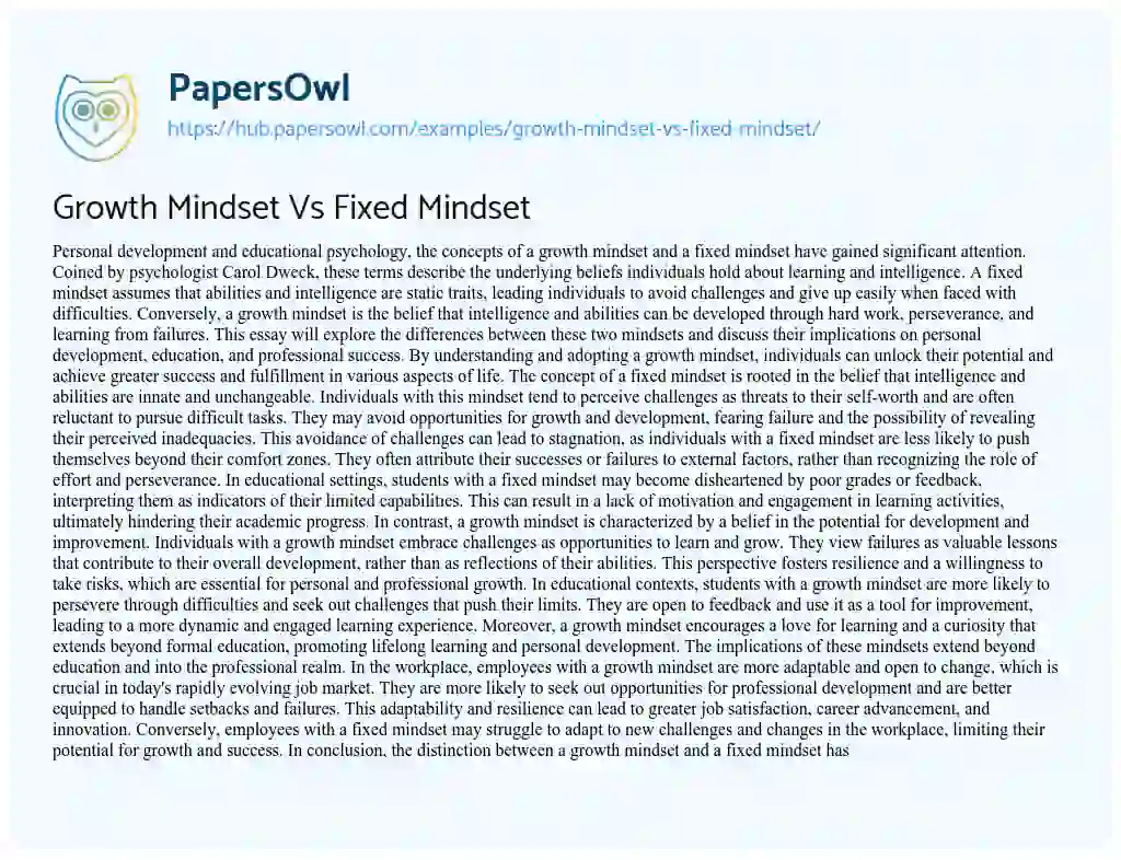 Essay on Growth Mindset Vs Fixed Mindset