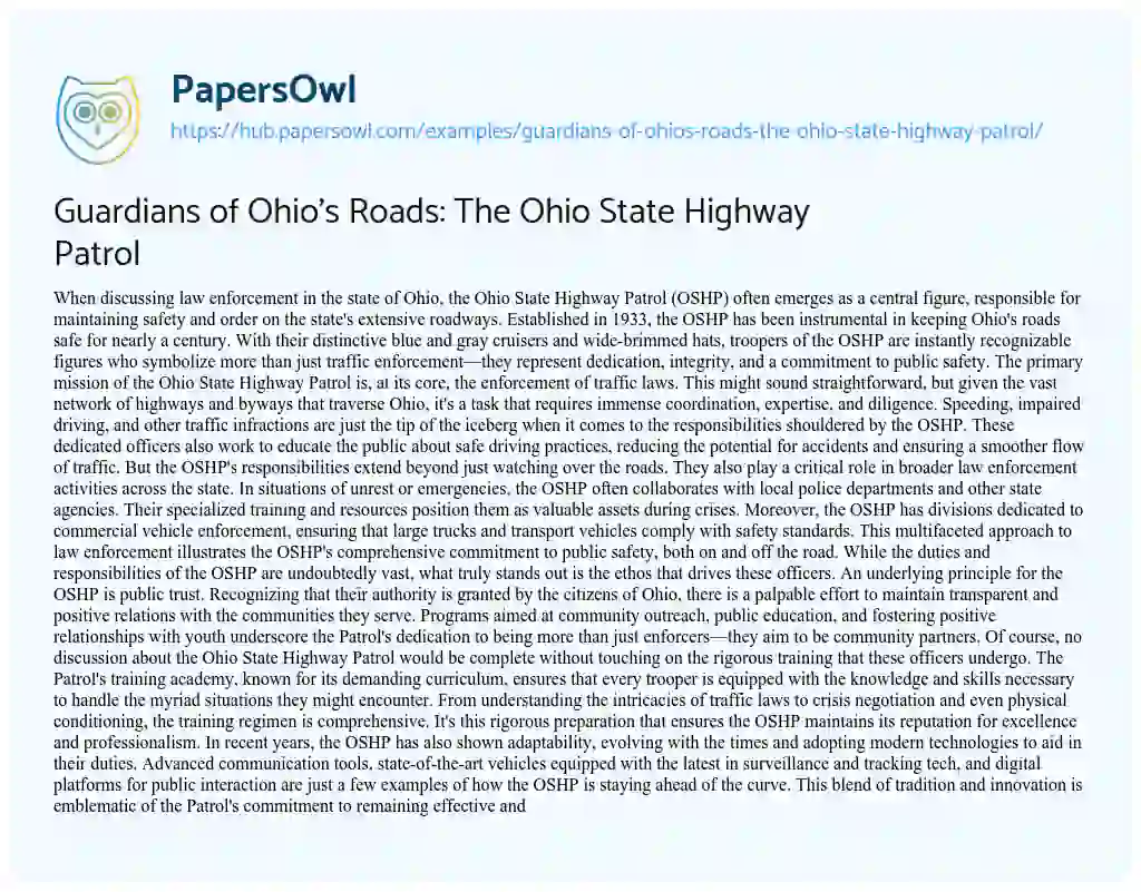 Essay on Guardians of Ohio’s Roads: The Ohio State Highway Patrol