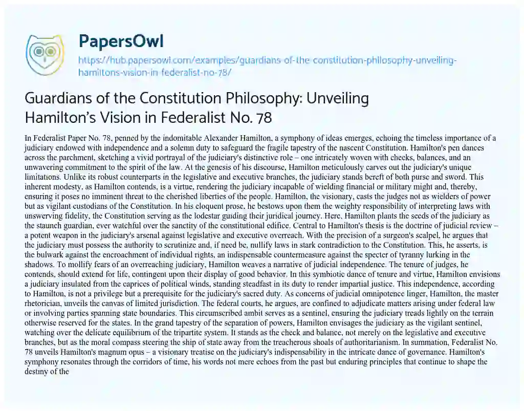 Essay on Guardians of the Constitution Philosophy: Unveiling Hamilton’s Vision in Federalist No. 78