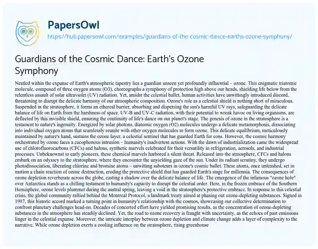 Essay on Guardians of the Cosmic Dance: Earth’s Ozone Symphony