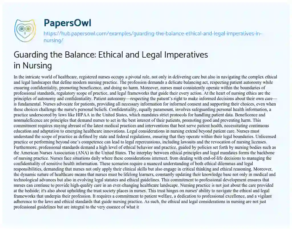 Essay on Guarding the Balance: Ethical and Legal Imperatives in Nursing