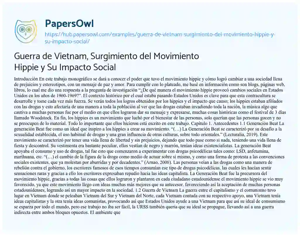 Essay on Guerra de Vietnam, Surgimiento del Movimiento Hippie y Su Impacto Social
