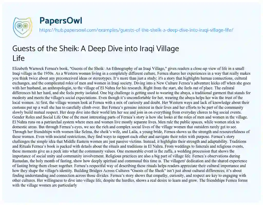 Essay on Guests of the Sheik: A Deep Dive into Iraqi Village Life