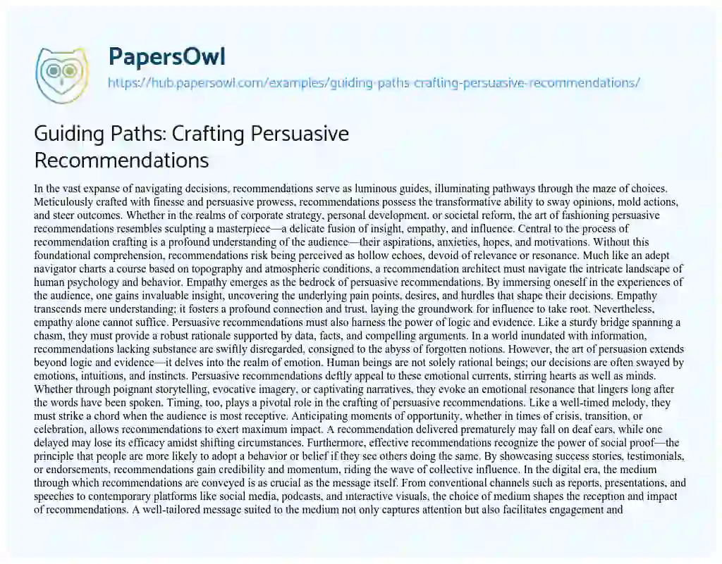 Essay on Guiding Paths: Crafting Persuasive Recommendations