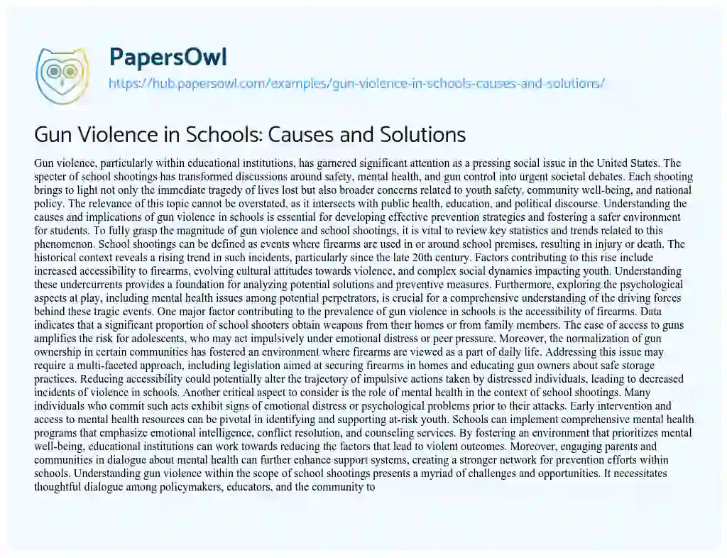 Essay on Gun Violence in Schools: Causes and Solutions