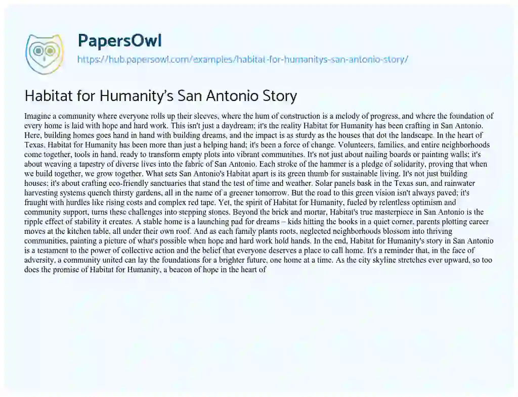 Essay on Habitat for Humanity’s San Antonio Story