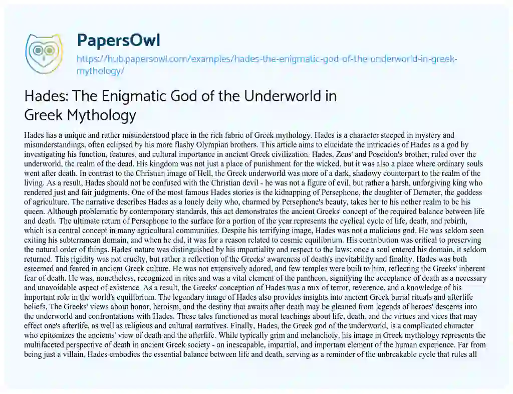 Essay on Hades: The Enigmatic God of the Underworld in Greek Mythology