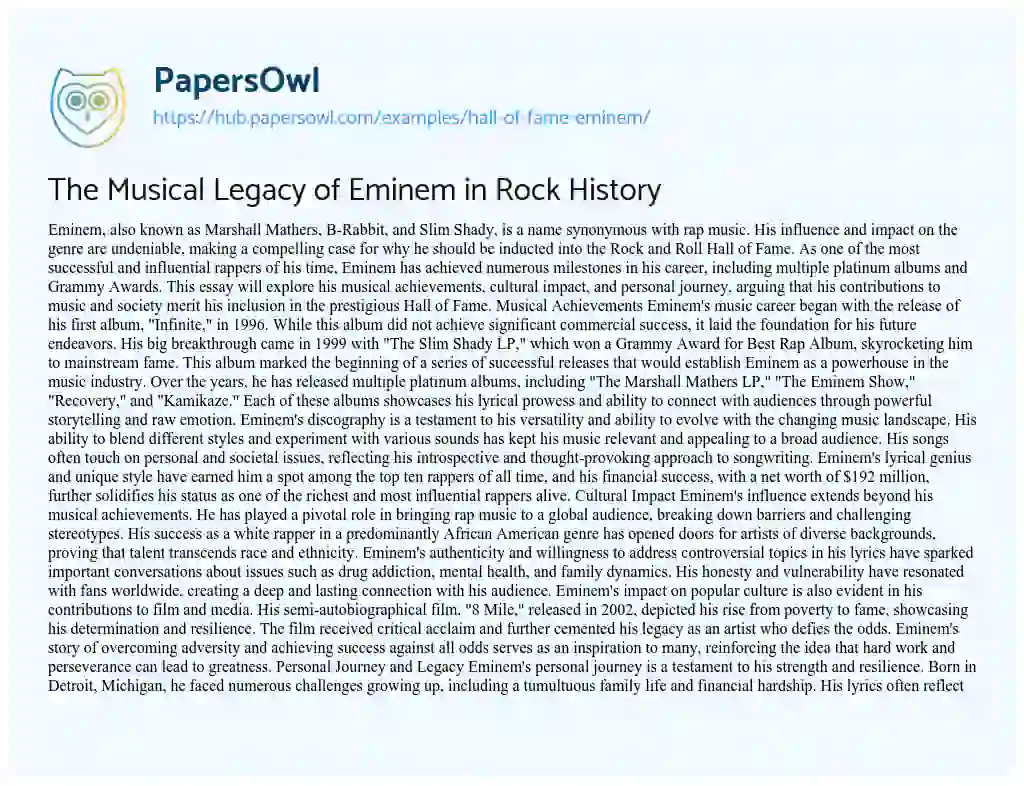 Essay on The Musical Legacy of Eminem in Rock History