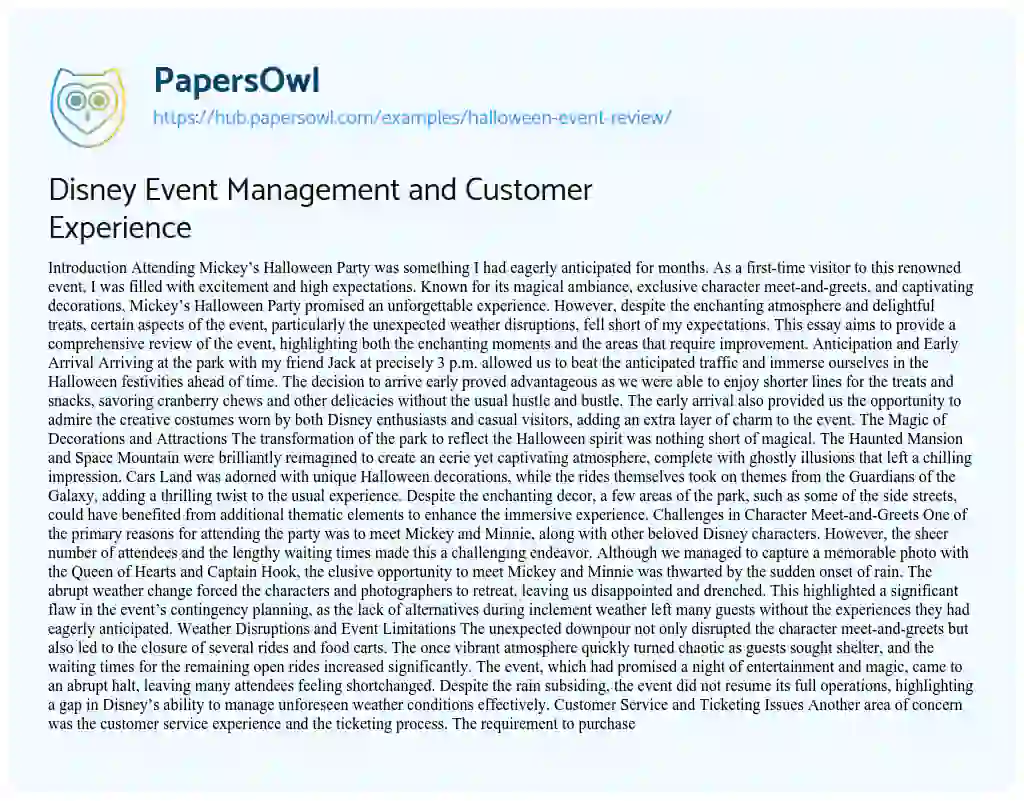 Essay on Disney Event Management and Customer Experience