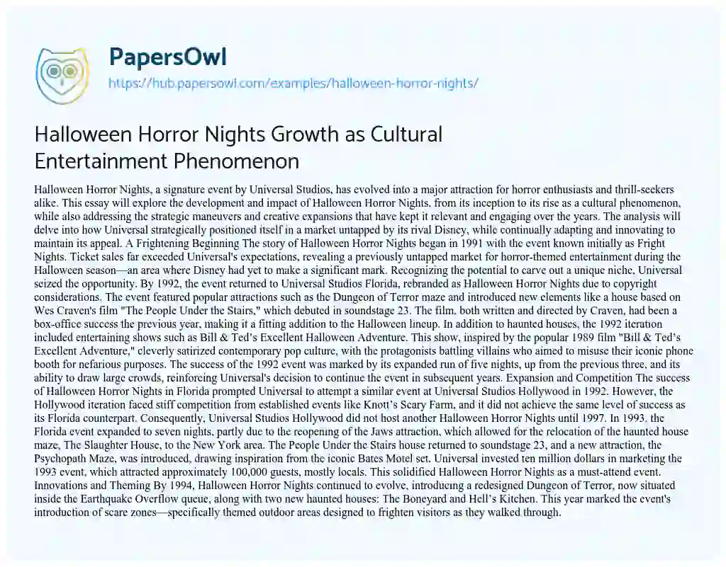 Essay on Halloween Horror Nights Growth as Cultural Entertainment Phenomenon