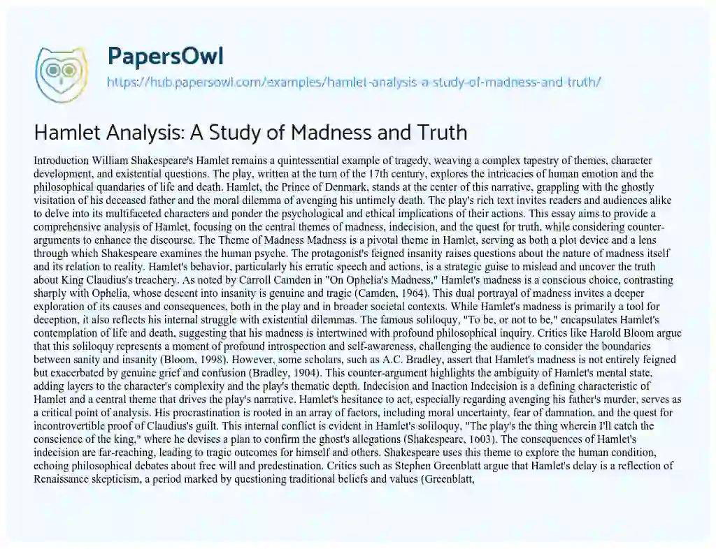 Essay on Hamlet Analysis: A Study of Madness and Truth
