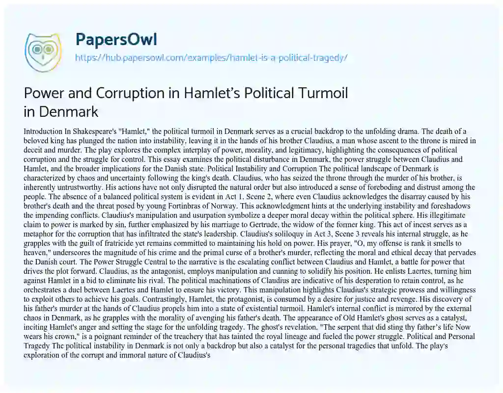 Essay on Power and Corruption in Hamlet’s Political Turmoil in Denmark