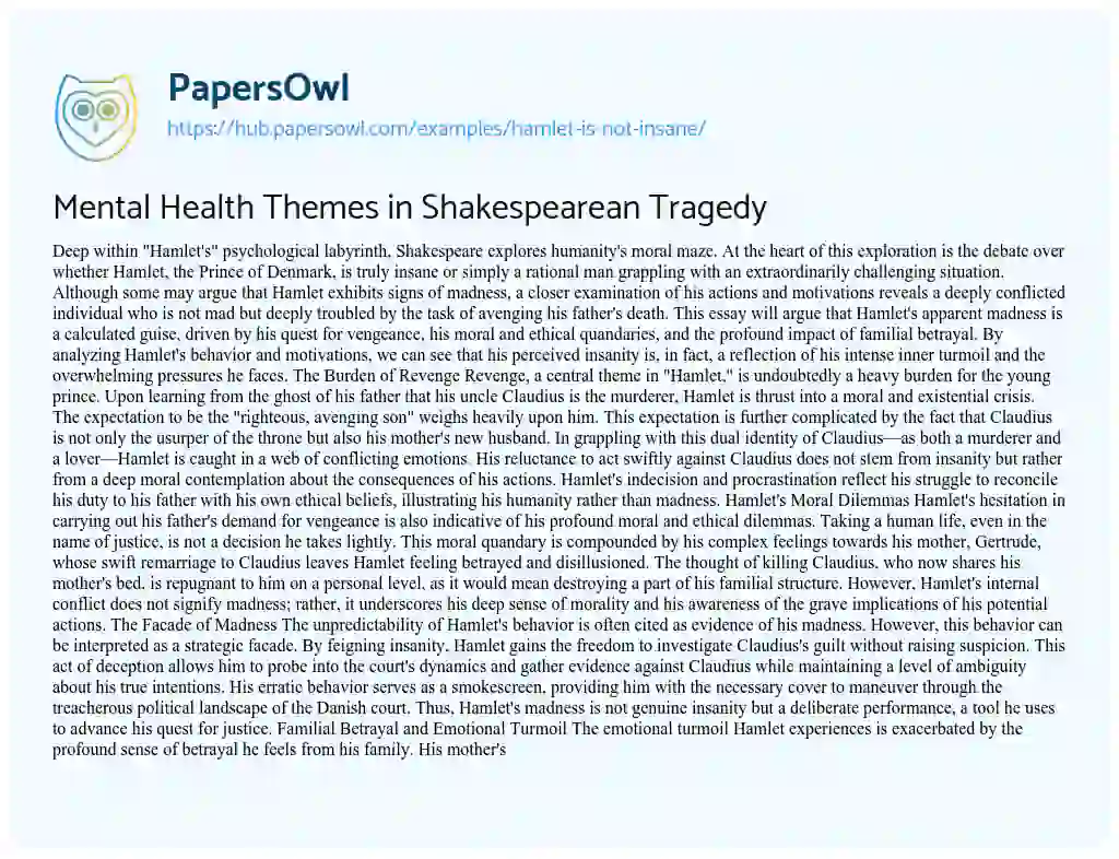 Essay on Mental Health Themes in Shakespearean Tragedy