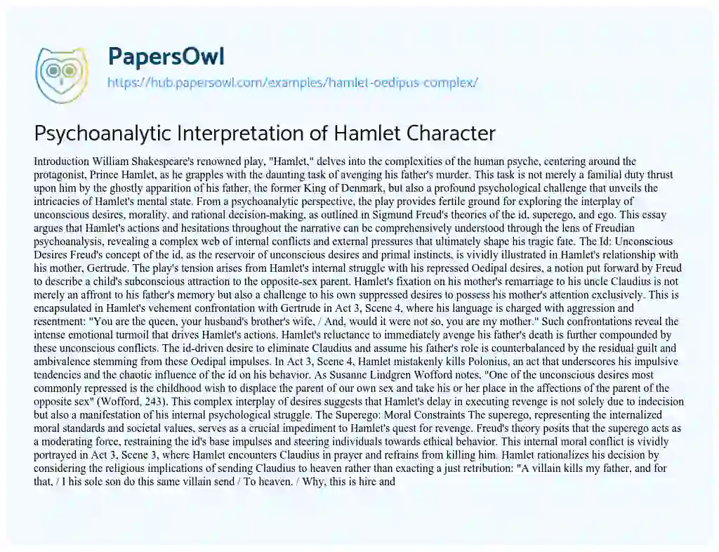 Essay on Psychoanalytic Interpretation of Hamlet Character