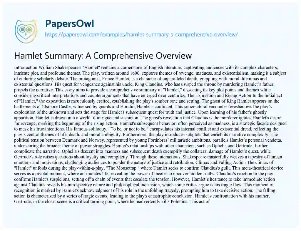 Essay on Hamlet Summary: A Comprehensive Overview