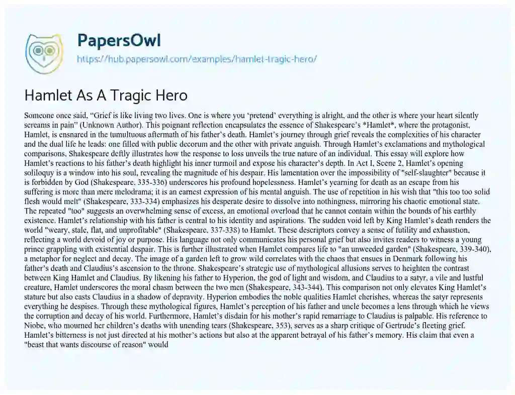 Essay on Hamlet As A Tragic Hero