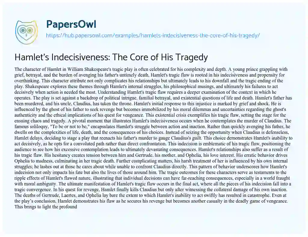 Essay on Hamlet’s Indecisiveness: The Core of His Tragedy