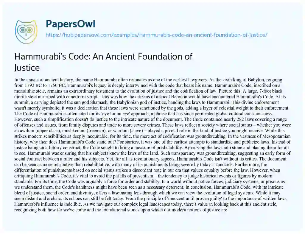 Essay on Hammurabi’s Code: An Ancient Foundation of Justice