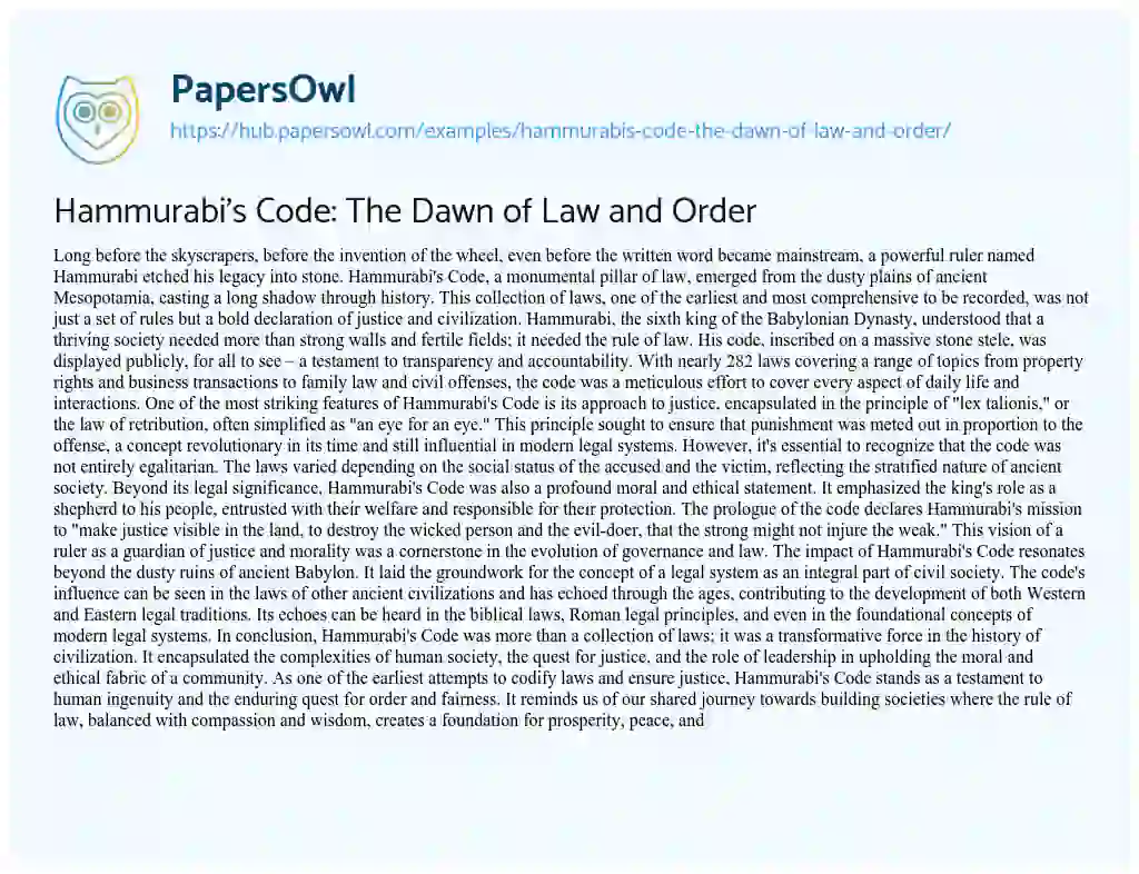 Essay on Hammurabi’s Code: The Dawn of Law and Order