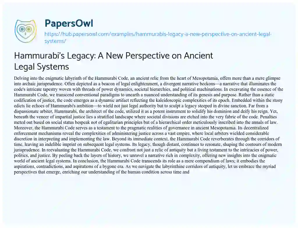 Essay on Hammurabi’s Legacy: A New Perspective on Ancient Legal Systems