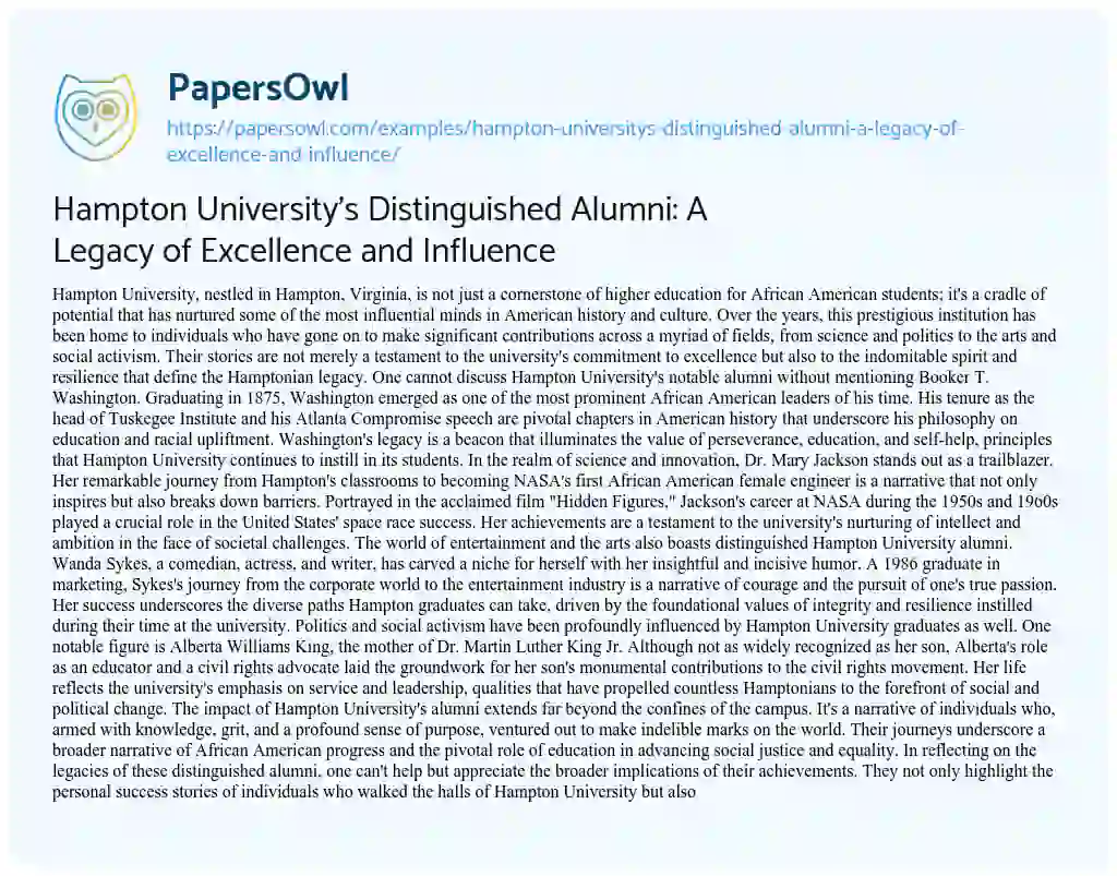 Essay on Hampton University’s Distinguished Alumni: A Legacy of Excellence and Influence