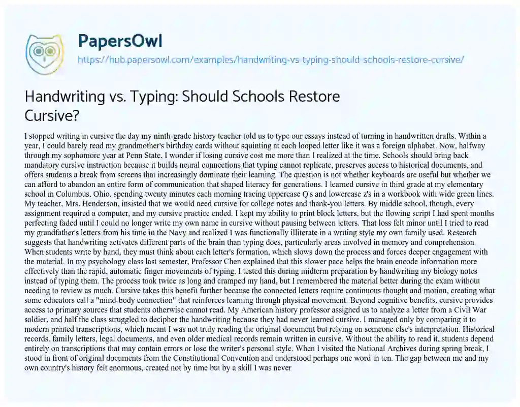 Essay on Handwriting vs. Typing: Should Schools Restore Cursive?