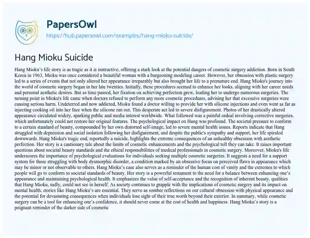 Essay on Hang Mioku Suicide