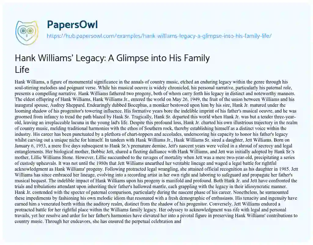 Essay on Hank Williams’ Legacy: A Glimpse into His Family Life
