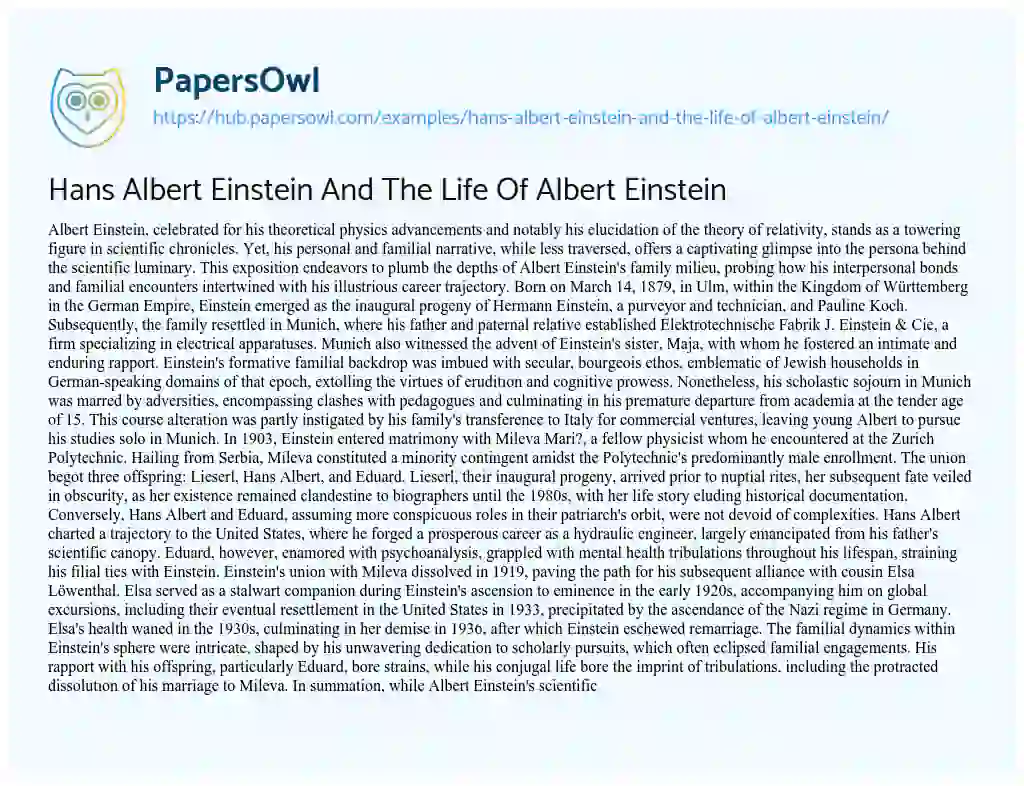 Essay on Hans Albert Einstein And The Life Of Albert Einstein