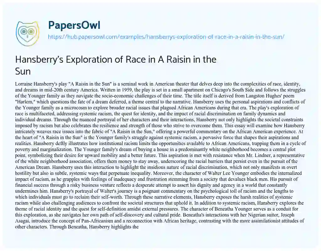 Essay on Hansberry’s Exploration of Race in A Raisin in the Sun