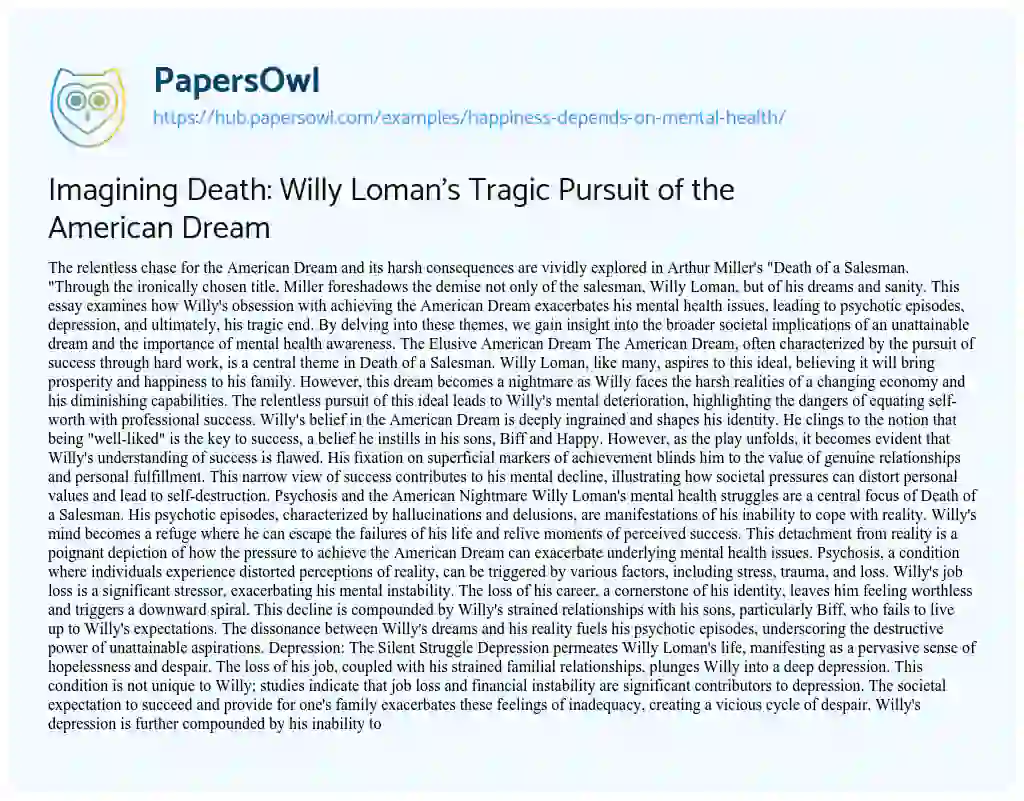 Essay on Imagining Death: Willy Loman’s Tragic Pursuit of the American Dream