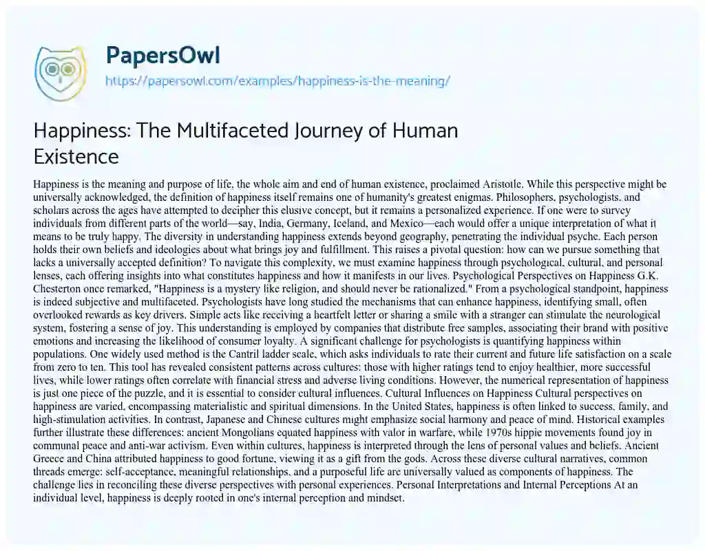 Essay on Happiness: The Multifaceted Journey of Human Existence