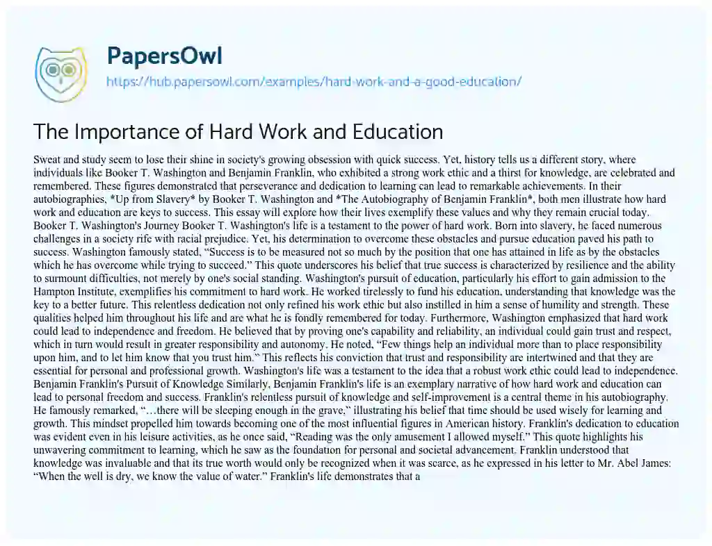 Essay on The Importance of Hard Work and Education