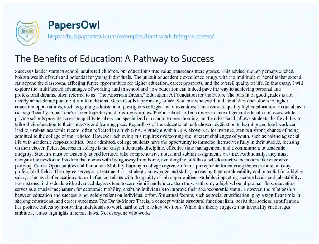 Essay on The Benefits of Education: A Pathway to Success