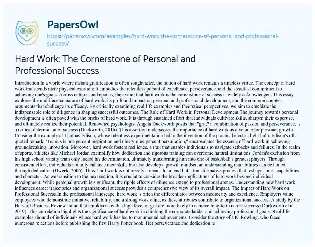 Essay on Hard Work: The Cornerstone of Personal and Professional Success