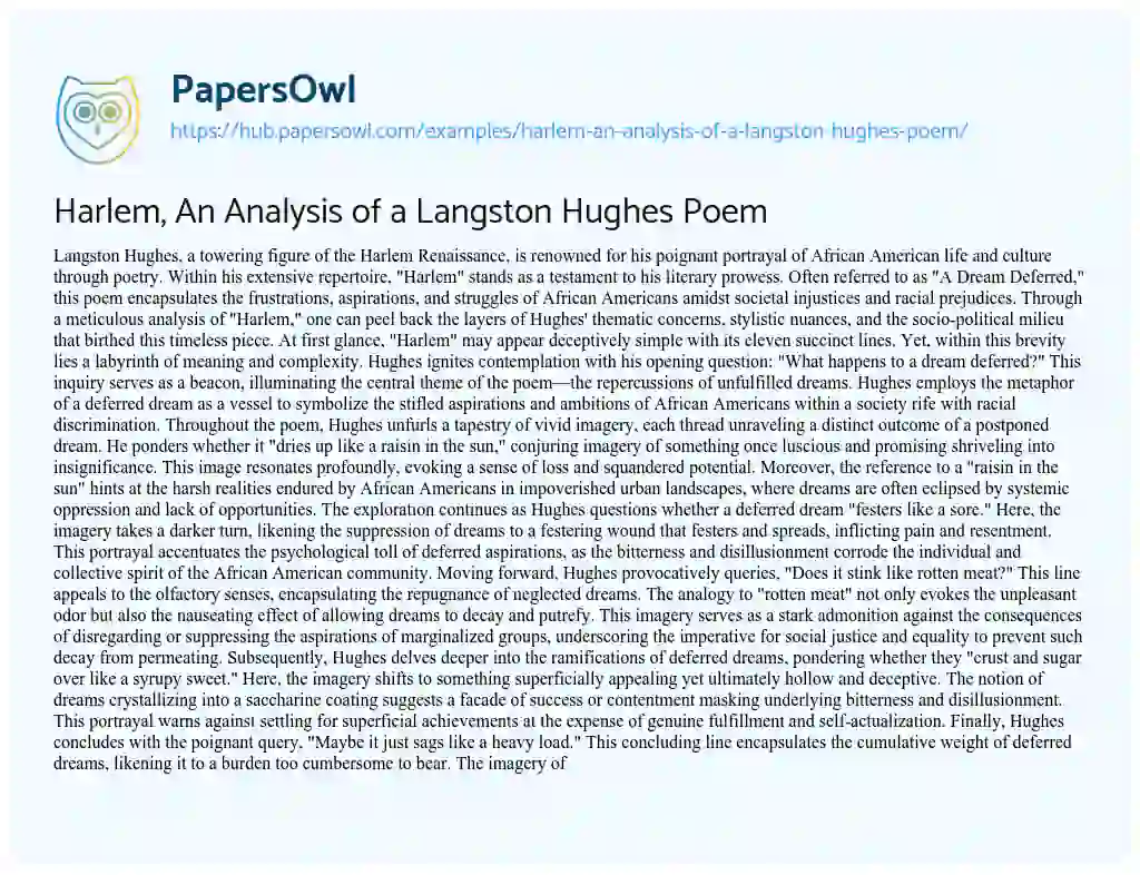 Essay on Harlem, An Analysis of a Langston Hughes Poem