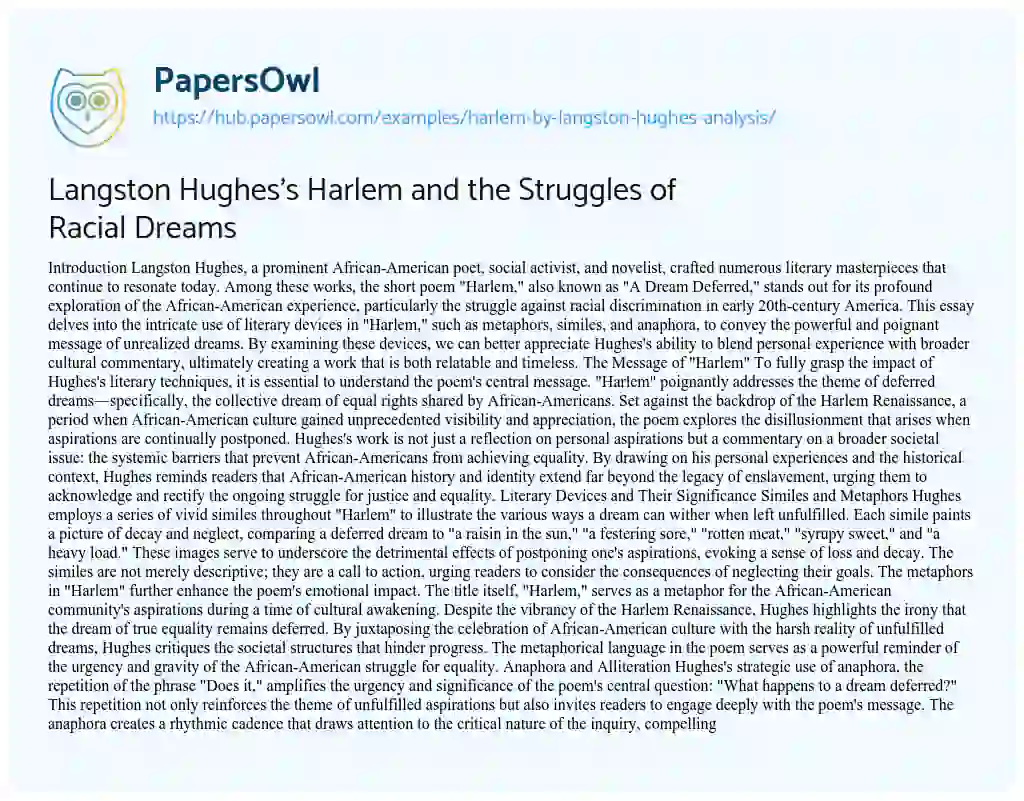 Essay on Langston Hughes’s Harlem and the Struggles of Racial Dreams