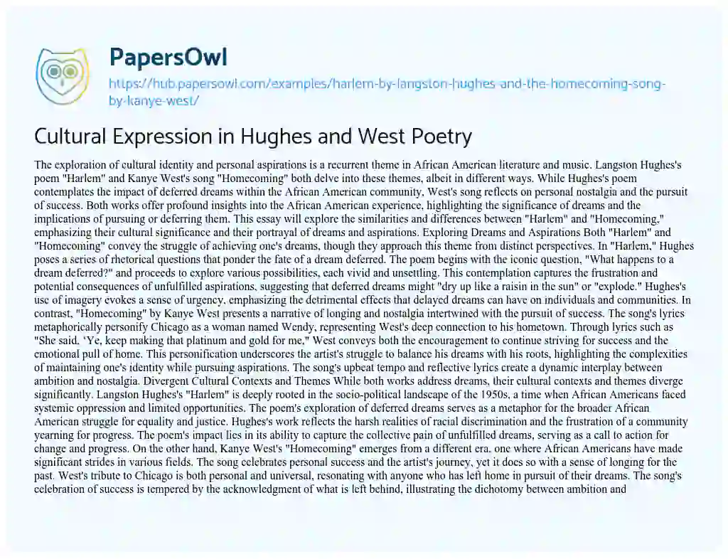 Essay on Cultural Expression in Hughes and West Poetry