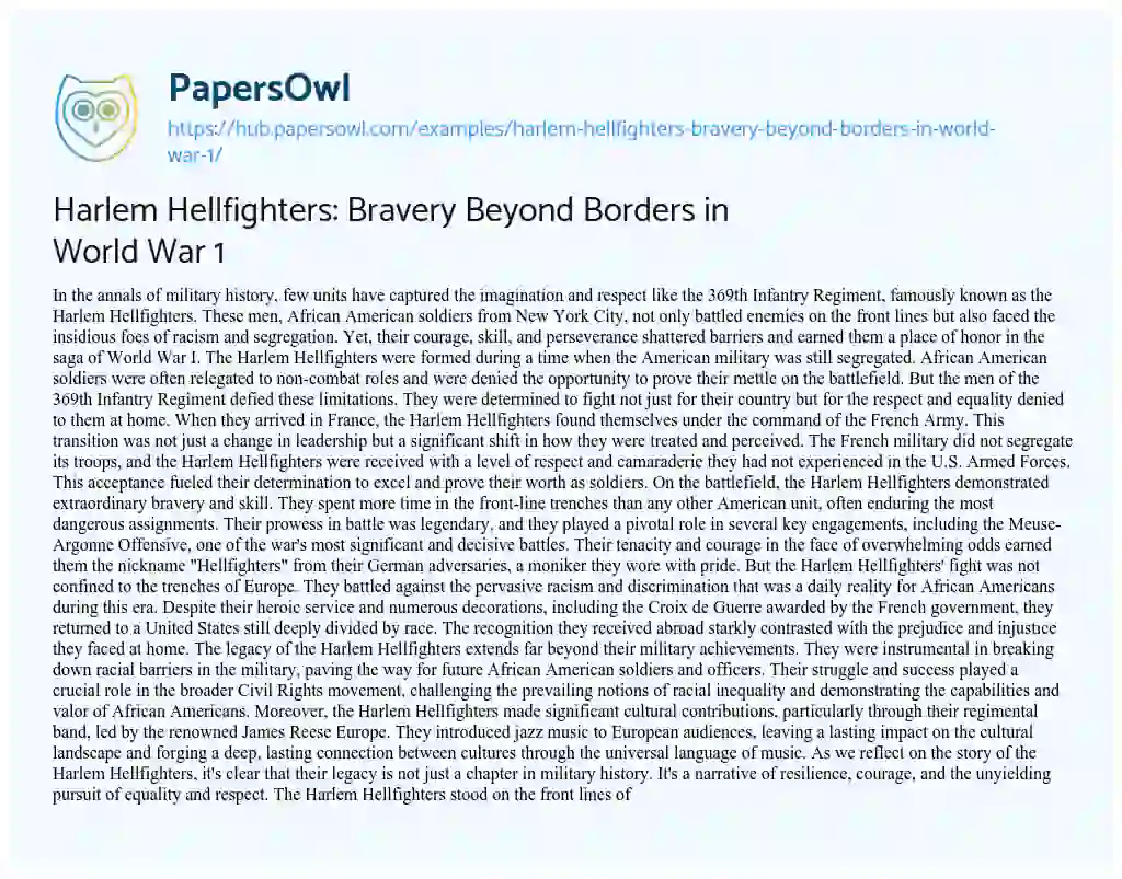 Essay on Harlem Hellfighters: Bravery Beyond Borders in World War 1