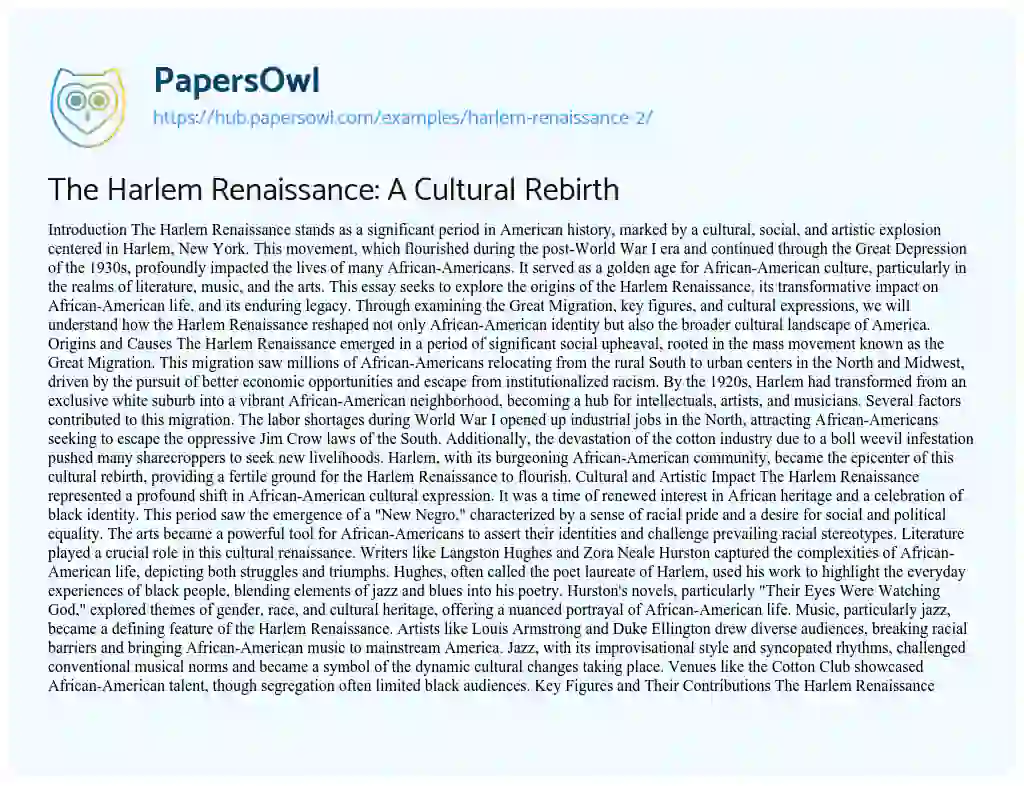 Essay on The Harlem Renaissance: A Cultural Rebirth