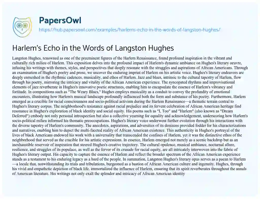 Essay on Harlem’s Echo in the Words of Langston Hughes