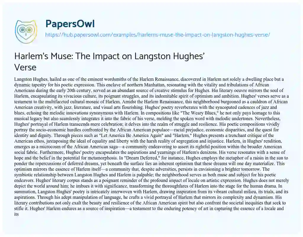 Essay on Harlem’s Muse: The Impact on Langston Hughes’ Verse