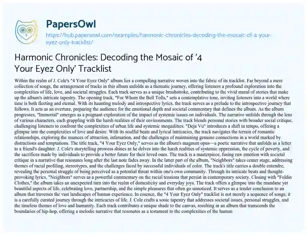 Essay on Harmonic Chronicles: Decoding the Mosaic of ‘4 Your Eyez Only’ Tracklist