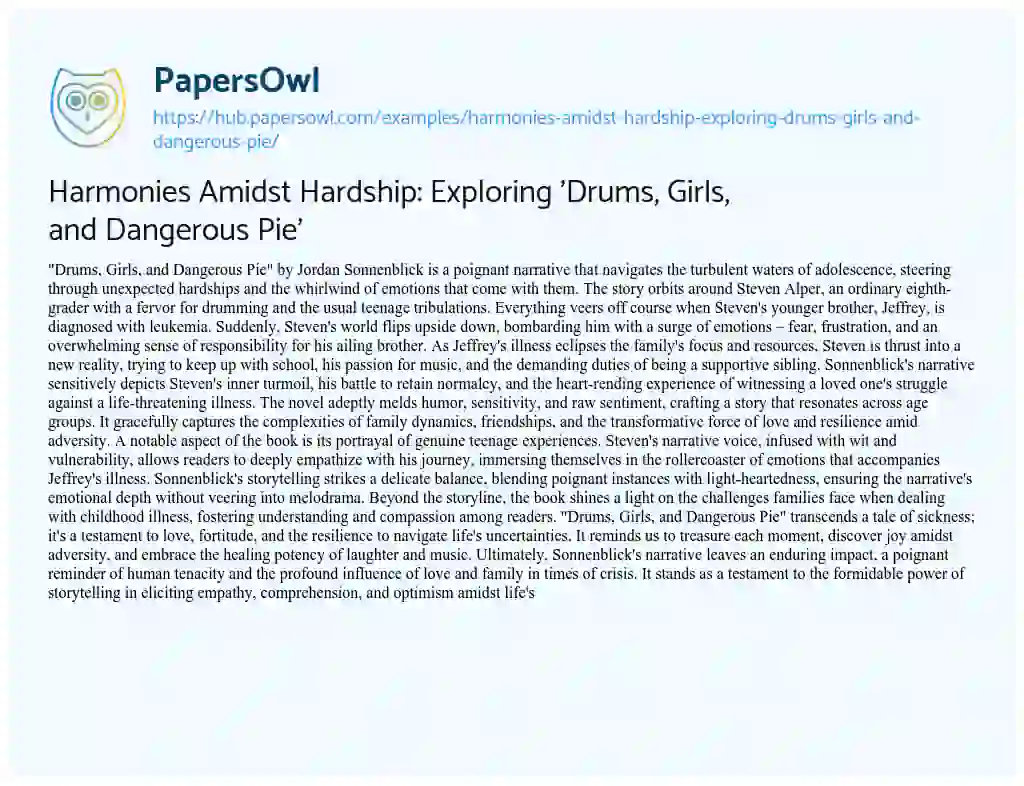 Essay on Harmonies Amidst Hardship: Exploring ‘Drums, Girls, and Dangerous Pie’