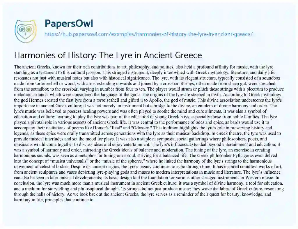 Essay on Harmonies of History: The Lyre in Ancient Greece