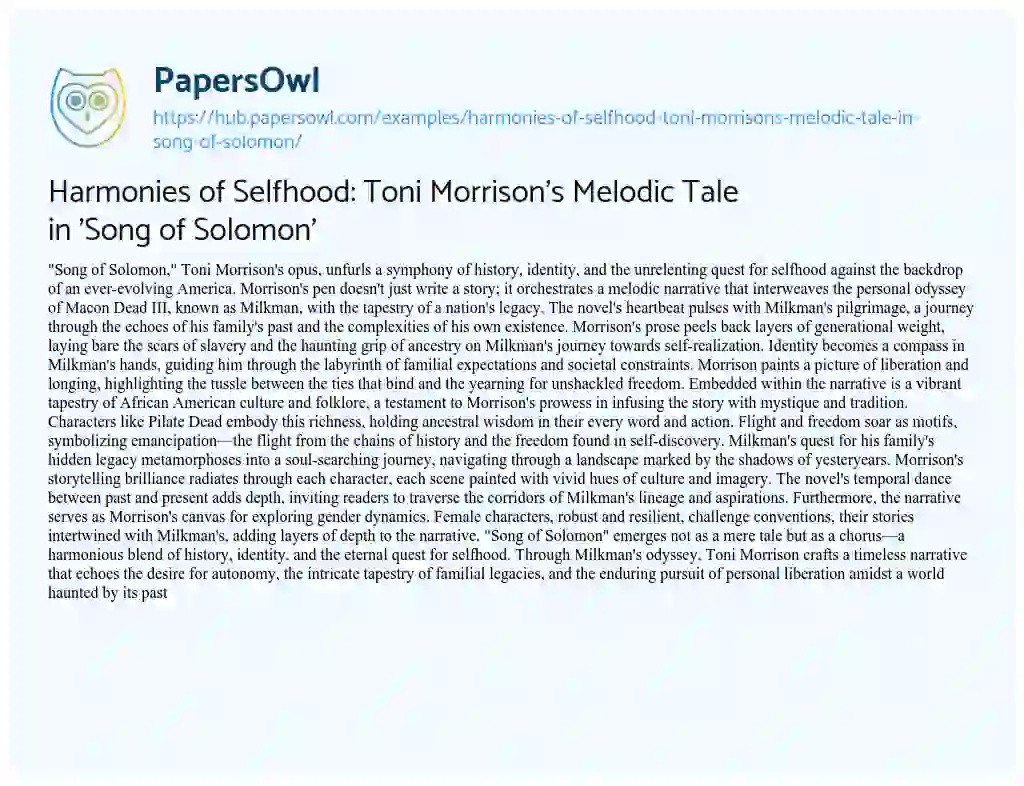 Essay on Harmonies of Selfhood: Toni Morrison’s Melodic Tale in ‘Song of Solomon’