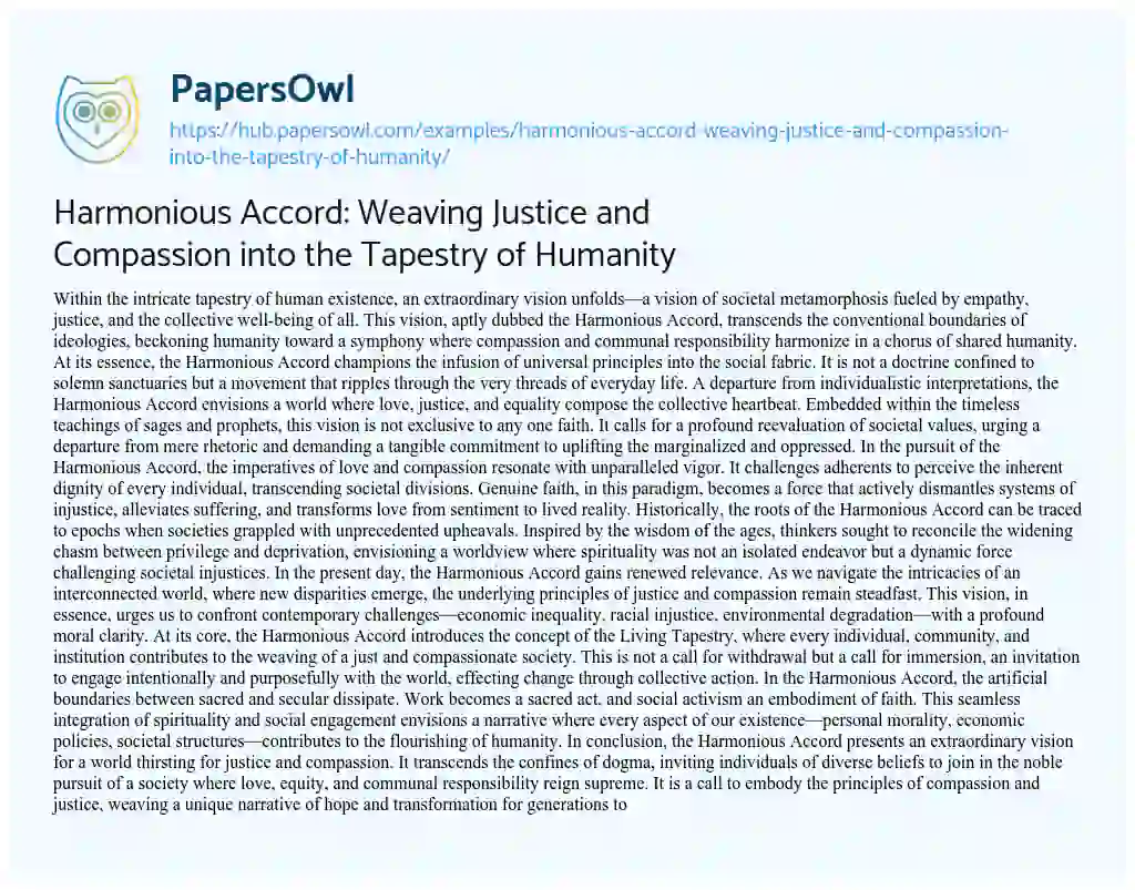 Essay on Harmonious Accord: Weaving Justice and Compassion into the Tapestry of Humanity